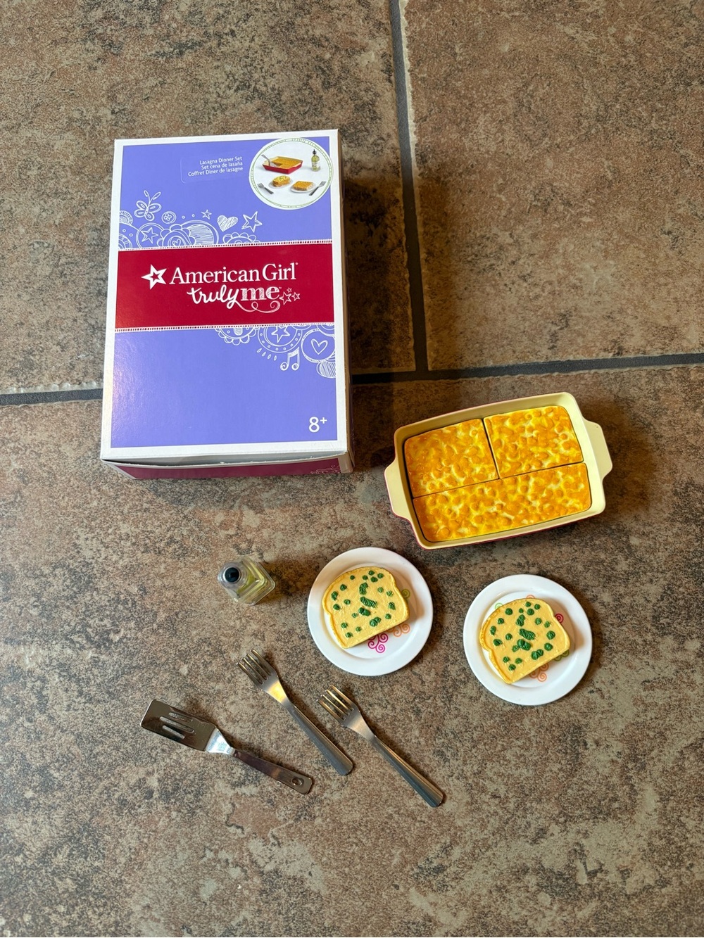 American Girl Yellow Casserole and Toast Doll Kitchen Set with Purple Box